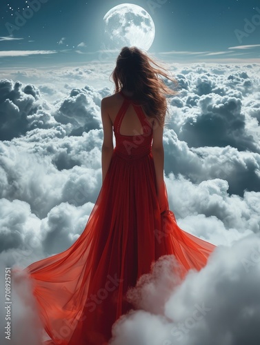 A woman in a red dress standing above the fluffy clouds. Generative AI.