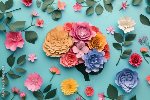 paper cut card Human brain with spring colorful flowers.  World Mental Health day Concept of mental health, self care, happiness, harmony, positive thinking, creative mind photo