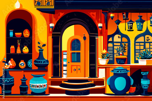 Hand-painted ceramics shop. vektor illustation