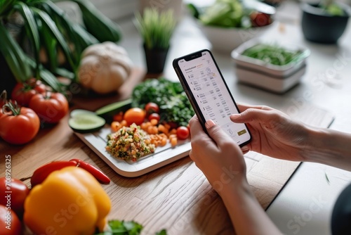 Person using smartphone app to track calories and macronutrients, managing diet and maintaining healthy lifestyle, Generative AI photo