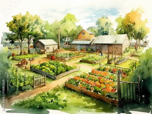 Watercolor Illustration of a community Vegetable garden symbolizing growth and resilience