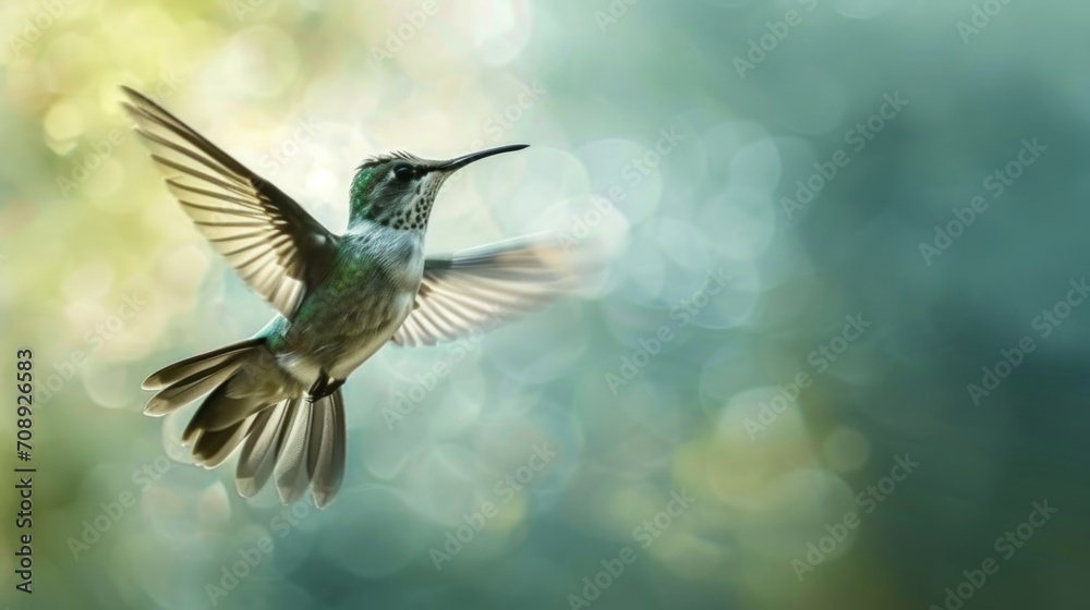 Fototapeta premium a hummingbird flying through the air with it's wings spread wide and wings spread wide, with a blurry background of trees and boket to the foreground.
