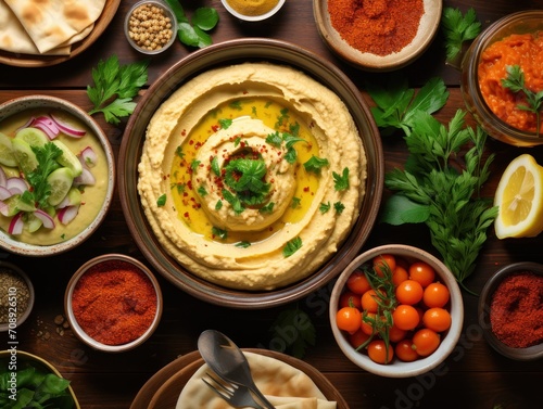 Traditional Middle Eastern Hummus Served With Assorted Spices and Condiments