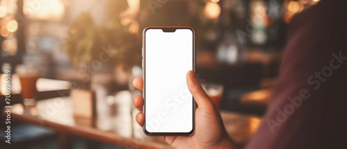 Mockup of a hand holding smartphone with blank white screen in cafe photo