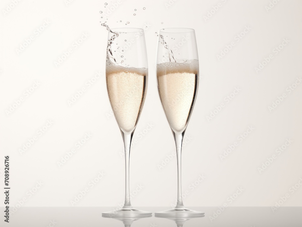 Two Glasses of Champagne Being Filled With Bubbly Liquid for Celebration, Beige Background Two Glasses of Champagne Being Filled With Bubbly Liquid for Celebration, Beige Background