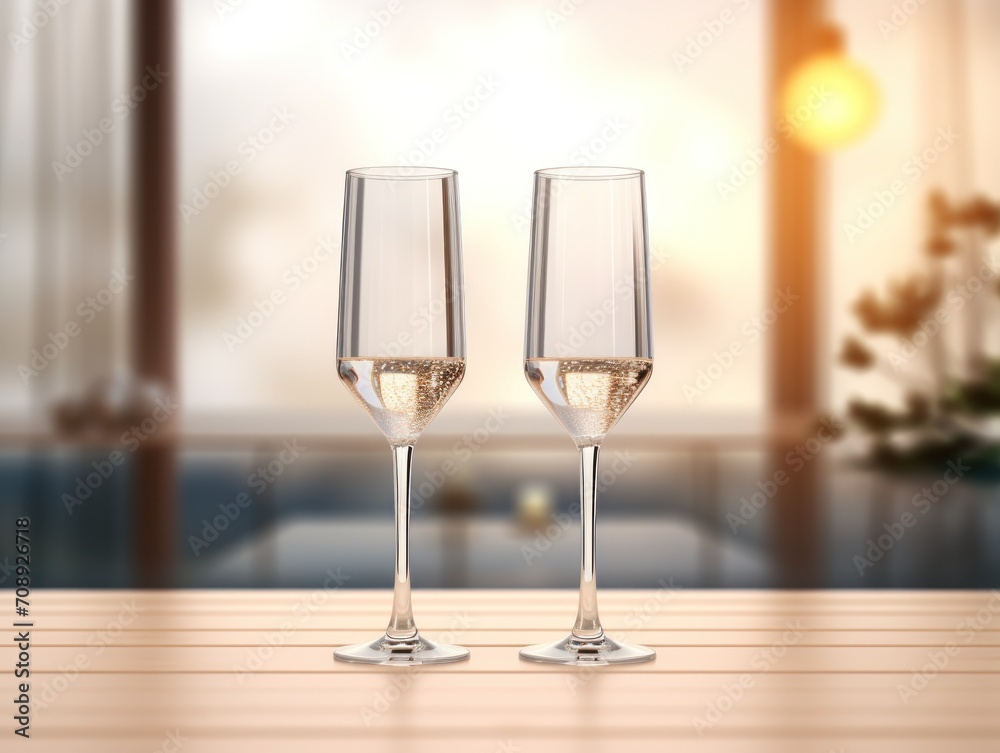 Two Wine Glasses on Table in Front of Window Two Wine Glasses on Table in Front of Window