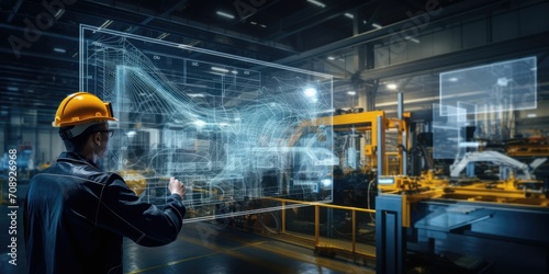 smart industry 4.0 futuristic technology concept, engineer use artificial intelligence combine augmented mixed virtual reality display, digital twin with 5g to control robot arm in smart factory