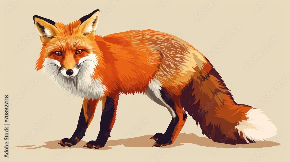 Fototapeta premium a red fox standing on top of a sandy ground next to a white and black dog on the other side of the picture, with a tan background and white border.
