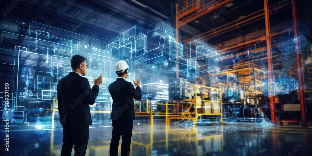 Smart industry 4.0 technology business man discuss and collaborate with engineer by using augmented mixed reality , holographic, sensor to blend with real world to simulation virtual world