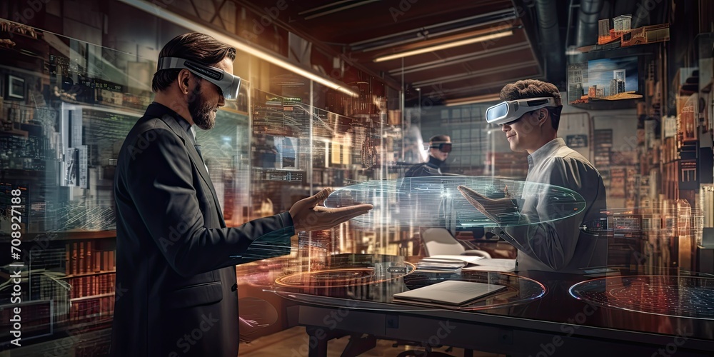 Smart industry 4.0 technology business man discuss and collaborate with engineer by using augmented mixed reality , holographic, sensor to blend with real world to simulation virtual world