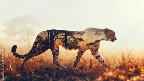  a cheetah walking in a field of tall grass with trees in the background and a foggy sky in the middle of the photo, with only one cheetah cheetah walking in the foreground.