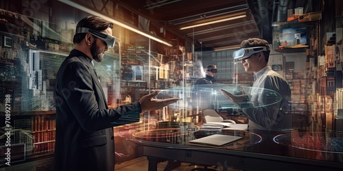 Smart industry 4.0 technology business man discuss and collaborate with engineer by using augmented mixed reality , holographic, sensor to blend with real world to simulation virtual world