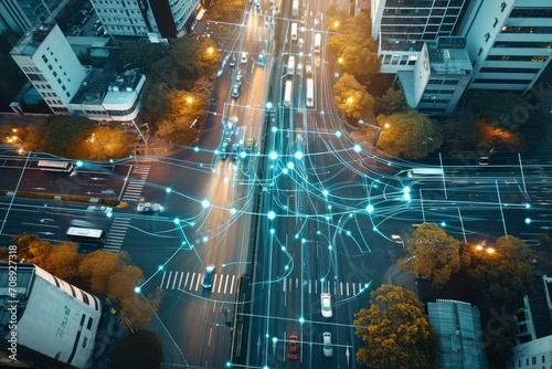 Overhead view of roads in a futuristic city with autonomous vehicles, overlay vehicle tracking system, advanced traffic management, intelligent transportation, and smart city concepts, Generative AI