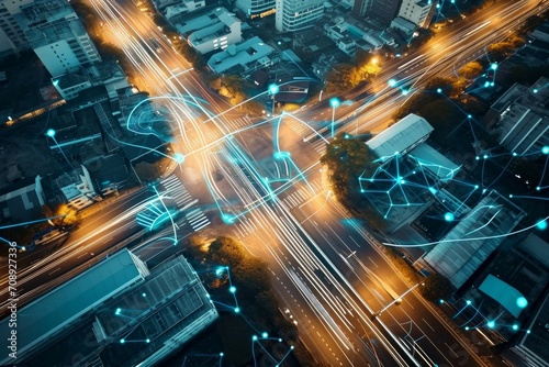 Overhead view of roads in a futuristic city with autonomous vehicles, overlay vehicle tracking system, advanced traffic management, intelligent transportation, and smart city concepts, Generative AI photo