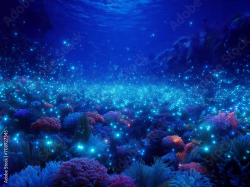 Luminous Tropical Reef at Blue Hour Filled with Vibrant Corals and Sea Life Dramatically Illuminated by Flecks of Luminescent Plankton Generated Image