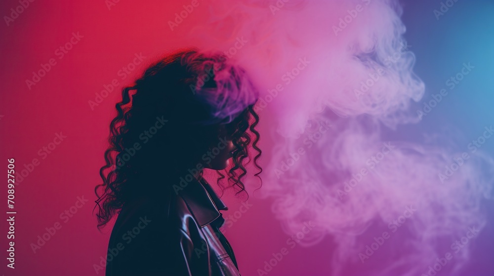 A dramatic silhouette of a woman with curls of pink smoke swirling around her, set against a vibrant red backdrop.