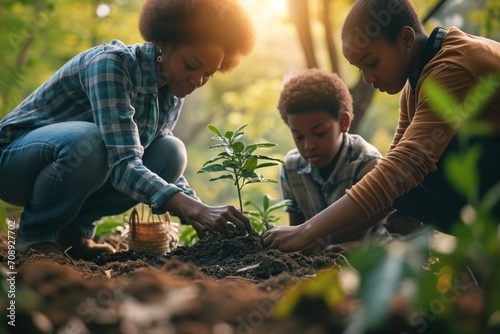 A diverse family honors a loved one's memory by jointly planting a tree in a serene forest, symbolizing life, love, and legacy, Generative AI