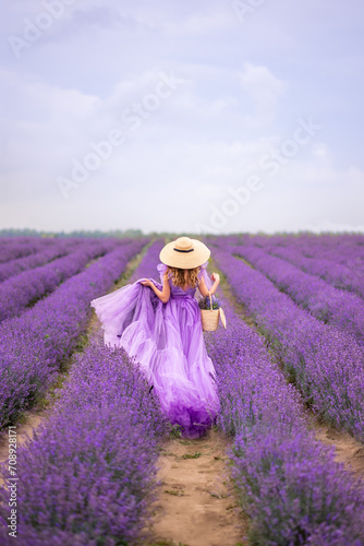girl in a long lilac dress runs through a field of lavender in Provence. She 's wearing a big hat and a basket of flowers in her hands . Photo from the back