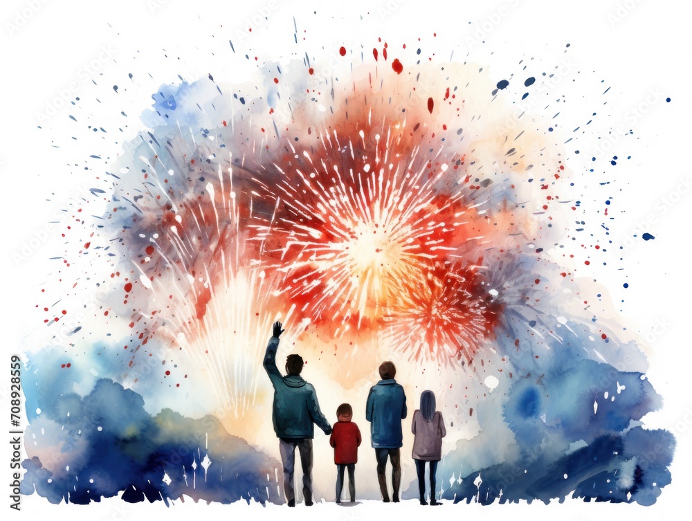 People Standing in Front of Fireworks Display. New Year's Eve celebrations. Watercolor illustration.