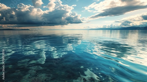  a large body of water with some clouds in the sky and some water in the middle of the water and some land on the other side of the water and one side of the water.