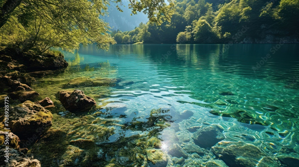  a body of water surrounded by lush green trees and a lush green forest on the other side of the water is a lake with clear blue water surrounded by rocks.