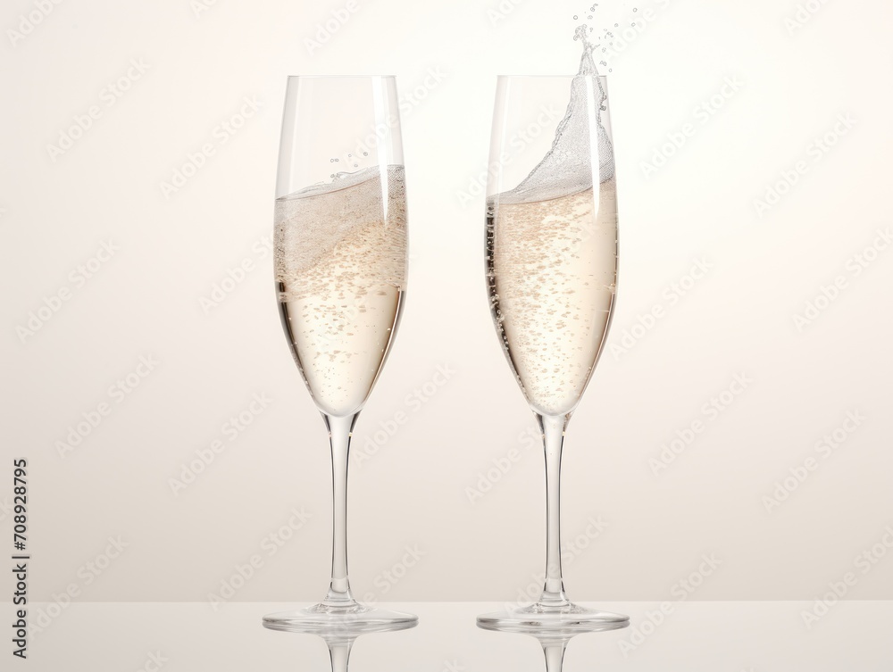 Two Glasses of Champagne Being Filled With Bubbly Liquid for Celebration, Beige Background Two Glasses of Champagne Being Filled With Bubbly Liquid for Celebration, Beige Background