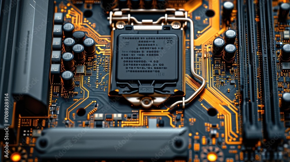A motherboard displaying all its components. Generative AI. A motherboard displaying all its components. Generative AI.