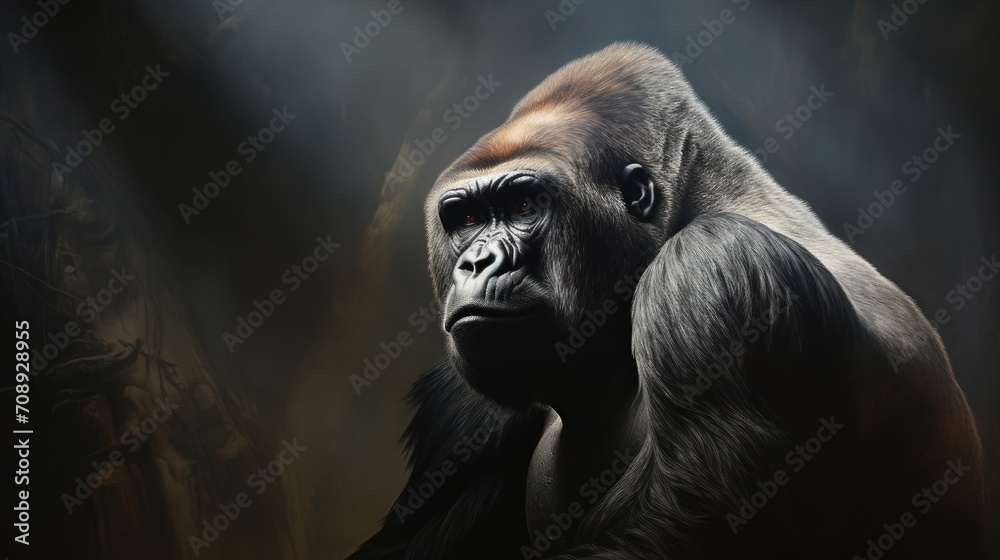 a close up of a gorilla with a light shining on it's face and a person in the background with a light shining on it's left side of the gorilla's head.