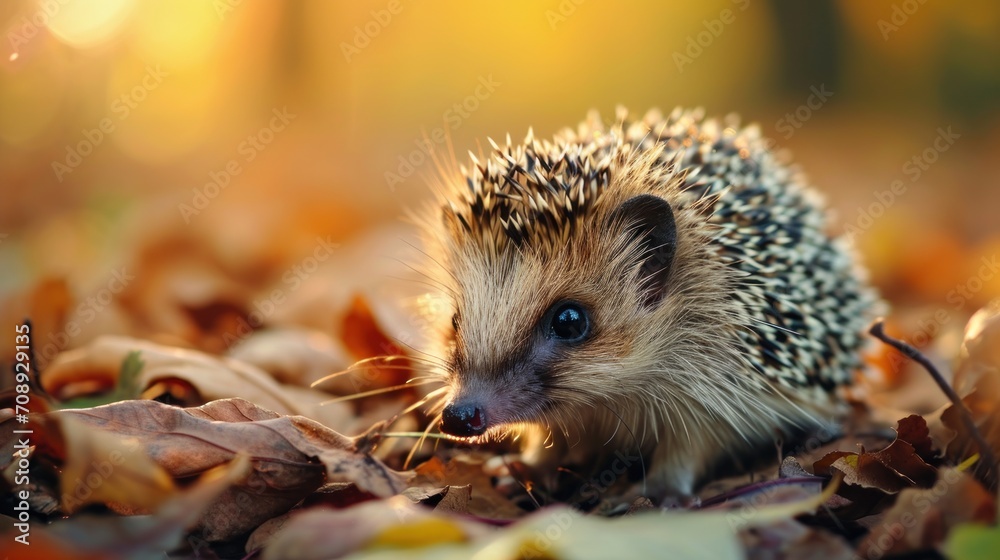 a close up of a small hedgehog in a pile of leaves with a blurry background of leaves on the ground and one of the hedgehog is looking at the camera. a close up of a small hedgehog in a pile of leaves with a blurry background of leaves on the ground and one of the hedgehog is looking at the camera.