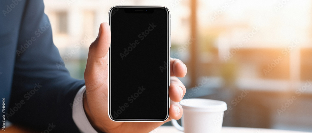 Businessman holding smartphone with black screen in office, mockup image