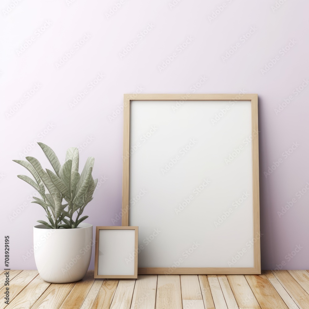Minimalist Composition: Empty Square Frame Next to a Potted Plant on the Floor Minimalist Composition: Empty Square Frame Next to a Potted Plant on the Floor
