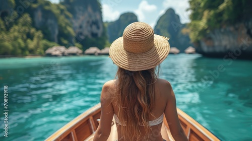 A woman with straw hat on a boat outside an island resort in southern Thailand. Generative AI.