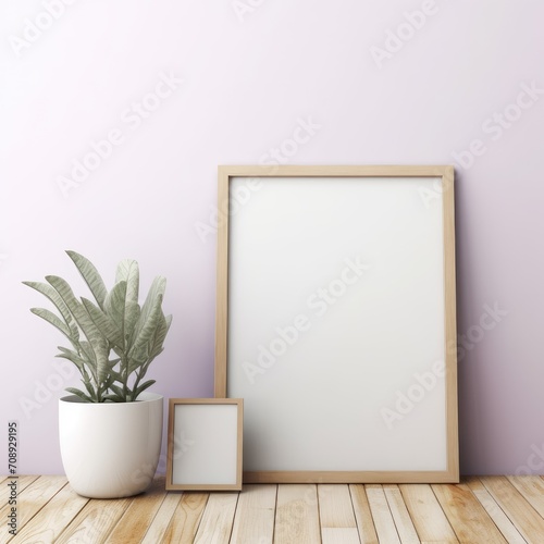 Minimalist Composition: Empty Square Frame Next to a Potted Plant on the Floor