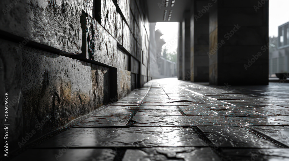 a black and white photo of an alley way with rain on the ground and a person walking down the street with an umbrella on a rainy day in the city. a black and white photo of an alley way with rain on the ground and a person walking down the street with an umbrella on a rainy day in the city.