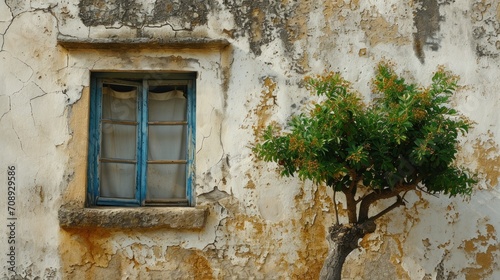  a tree in front of a dirty building with a blue window and a green tree in front of a dirty building with a blue window and a tree in front of it.