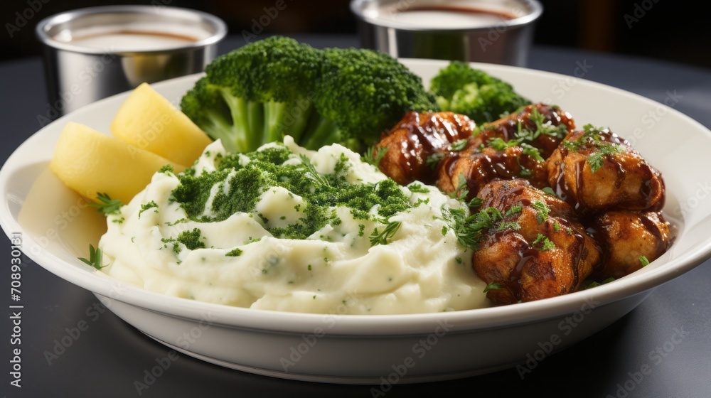 Photography of Ikea meatball in a plate, mashed potatoes, Photography of Ikea meatball in a plate, mashed potatoes,