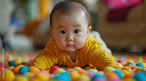 Curious Infant Amongst Colourful Balls.
Description: Baby in yellow crawling in a colourful ball pit.