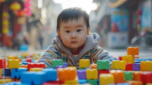 Toddler with Colourful Toy Blocks. Child focused on playing with multicoloured building blocks.