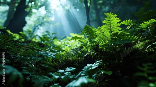  a lush green forest filled with lots of leafy plants and a bright beam of light shining through the leaves of the tree's branches on a sunny day.