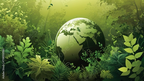  a picture of a green earth in the middle of a forest filled with trees and plants, with a bird flying over the top of the earth in the foreground. photo