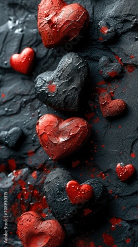 Black and red hearts on dark background. Generative AI.