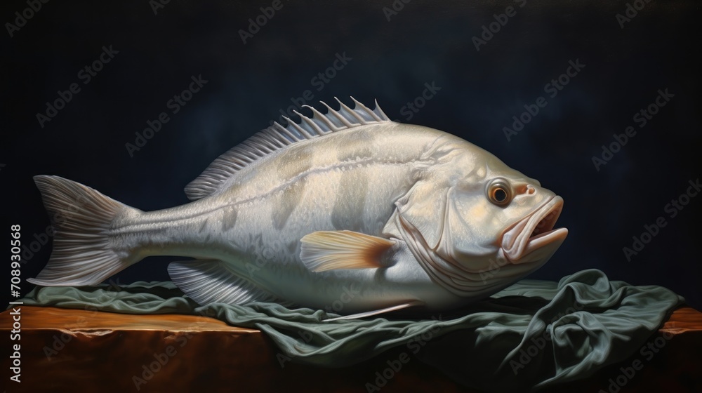  a white fish sitting on top of a piece of cloth on top of a wooden table next to a green cloth on top of a piece of wood and a black background. - obrazy, fototapety, plakaty 