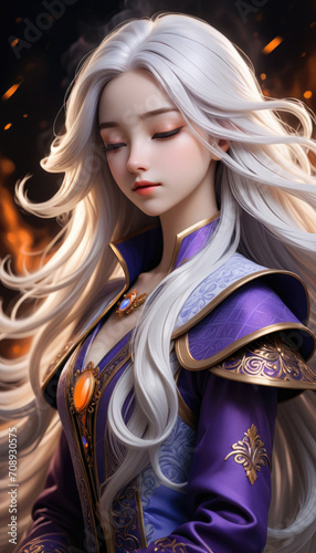 AI generated illustration of a beautiful Woman with long white hair , vibrant realistic colors ,