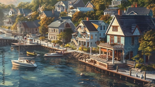  a painting of a boat in the water next to a row of houses with a dock in the foreground and a row of houses on the other side of the water.