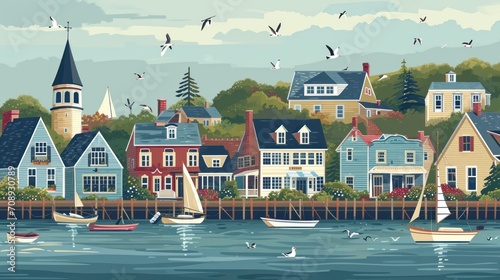  a painting of a harbor with boats, houses, and seagulls in the foreground and seagulls flying over the houses on the far side of the water.
