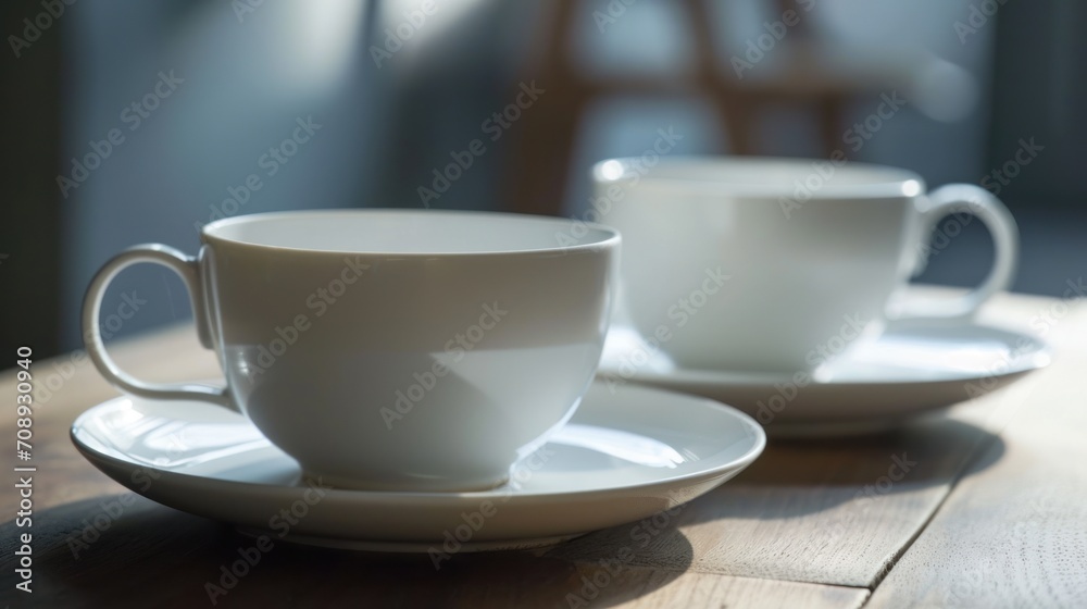 Obraz premium a close up of two cups on a table with a chair in the backgrouf of the table in the backgroufground and a chair in the background.