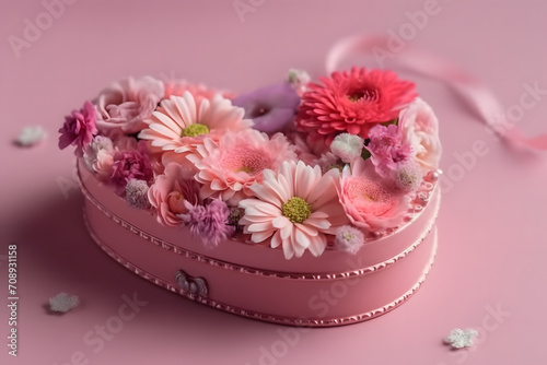 Pink flowers in heart-shaped pink gift box on pink background with copy space. Valentine's Day, Women's Day, Mother's Day, Birthday, Wedding 