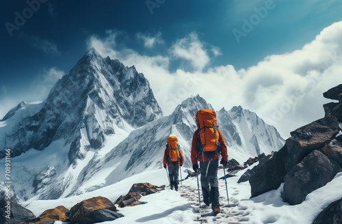 Two mountaineers climb to the top of a mountain covered with snow against a bright blue sky.