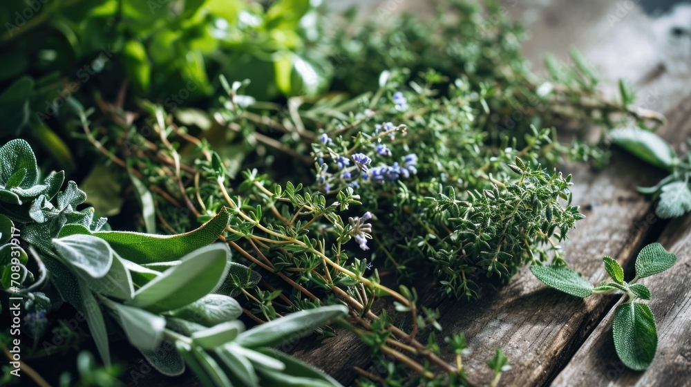  a bunch of herbs sitting on top of a wooden table next to a bunch of green leaves and a sprig of lavender on top of a piece of wood. - obrazy, fototapety, plakaty 