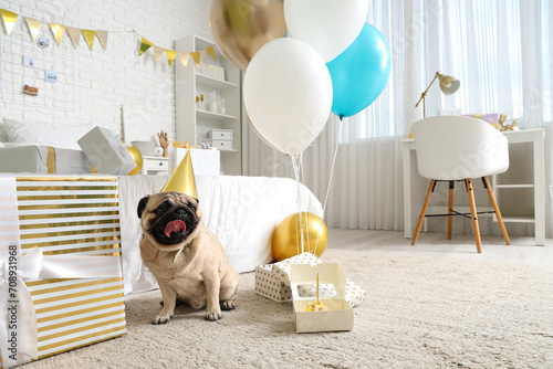 Cute pug dog with party hat...